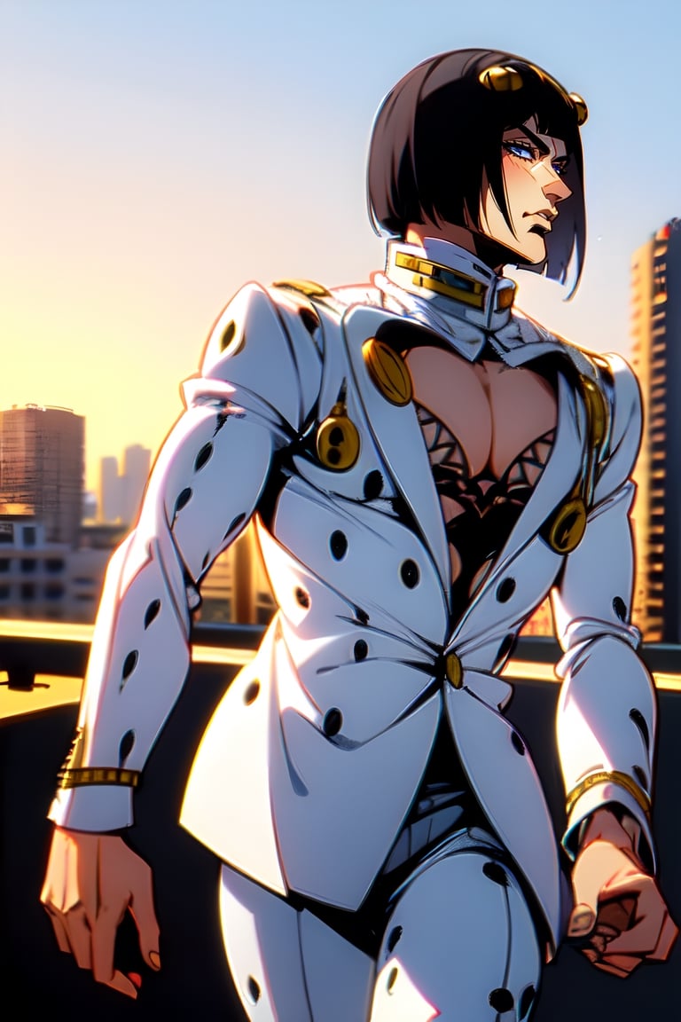 bruno bucciarati, bucciarati from jojo's bizarre adventure,  ((solo)), 1boy, short hair, black hair, pectoral cleavage, male focus, single, white suit, white shirt, zippers, detailed,  blue eyes, closed mouth, half body, sexy, city background, italy background, TOROGAO