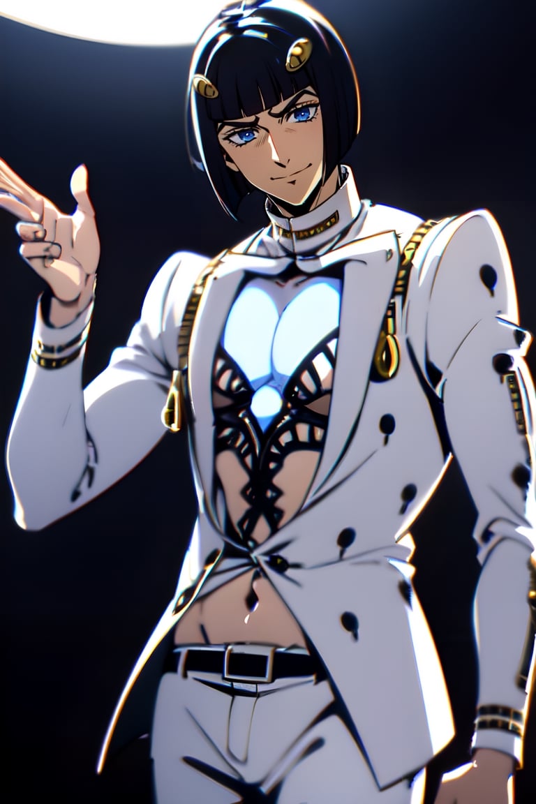 bruno bucciarati, bucciarati from jojo's bizarre adventure,  ((solo)), 1boy, short hair, black hair, pectoral cleavage, male focus, single, smile, white suit, white shirt, zippers, detailed,  blue eyes, closed mouth, half body, sexy, night background, night city,liar liar