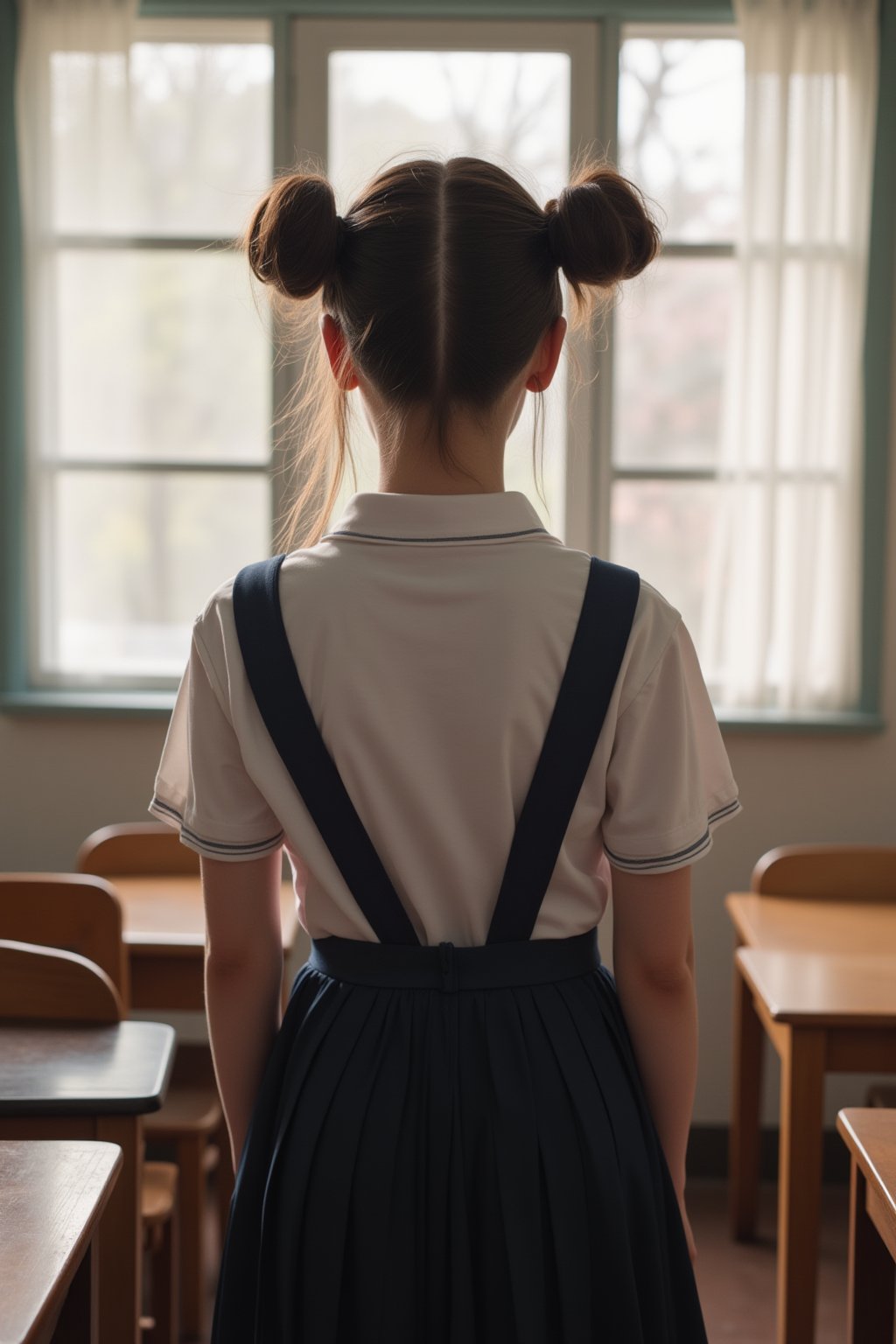 Double bun hair 
Upper body 
Dress, school uniform 
Classroom, windows, sunlight 
Realistic PHOTO, 4k,8k,details, 