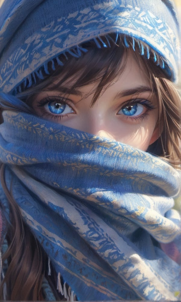 1girl, solo, long hair, looking at viewer, bangs, blue eyes, brown hair, scarf, eyelashes, sunlight, portrait, blue headwear, covered mouth, blue scarf,photorealistic
