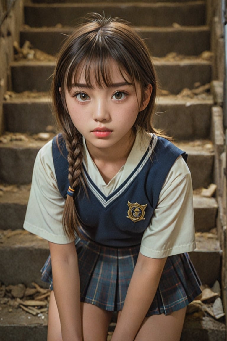 1French-Japanese girl, 
highly-detailed realistic skin, perfect face, full lips, (without makeup), 
junior high student uniform, pleated skirt, 
cowboy, slim body, close-up,
squatting in the ruins stairwell, 
night, 
depth of field, ((bokeh)),

(photorealistic), best quality, realistic, intricate details, 
RAW photo, 8k UHD, film grain, 
FLASH PHOTOGRAPHY,cutegirlmix