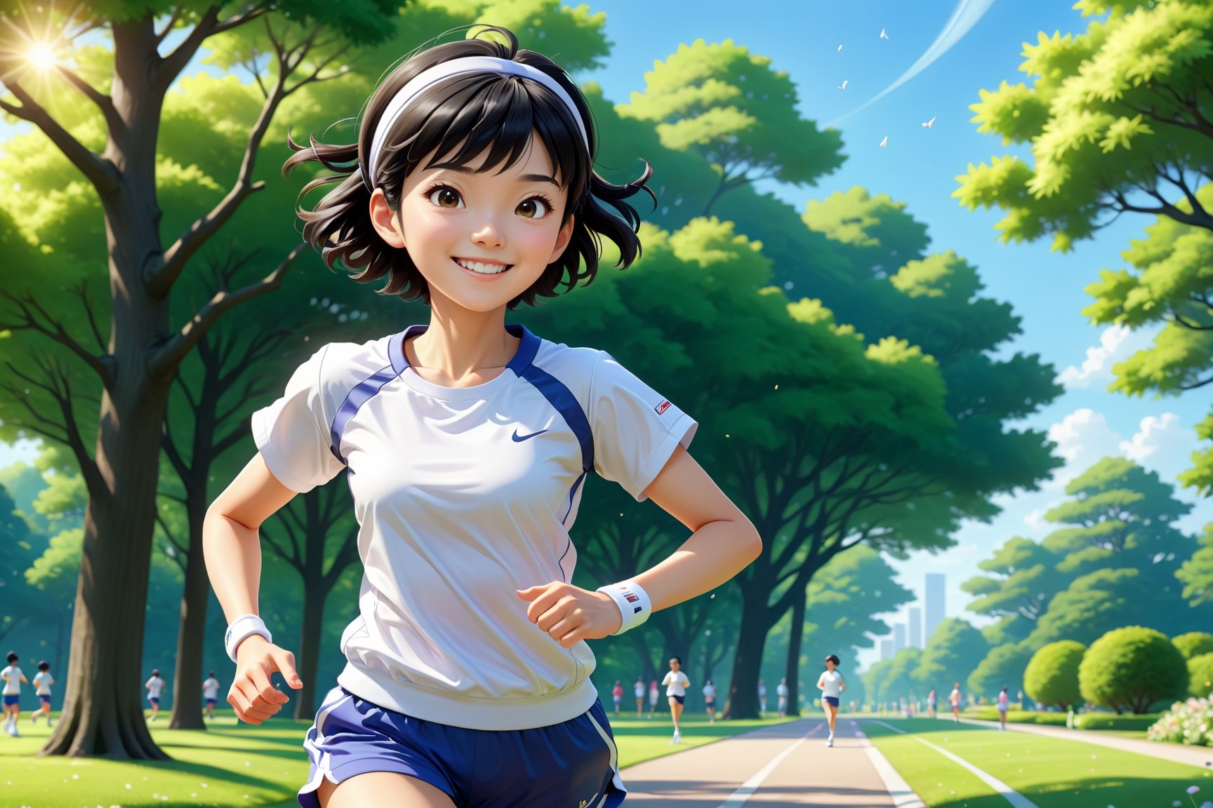 masterpiece artwork, best quality,  

Cartoon Illustration, 
A beautiful Japanese young woman named Aiko, with short black hair, wearing a hairband, a white short sleeve sports top, and sports shoes, smiling, jogging, in the park, side view, slim figure, summer, morning, 

8k, octane render, natural lighting, hyperrealistic, 
3d cartoon, extremely detailed, dynamic angle, 
magic, surreal, fantasy, digital art, UHD, cinematic perfect light,