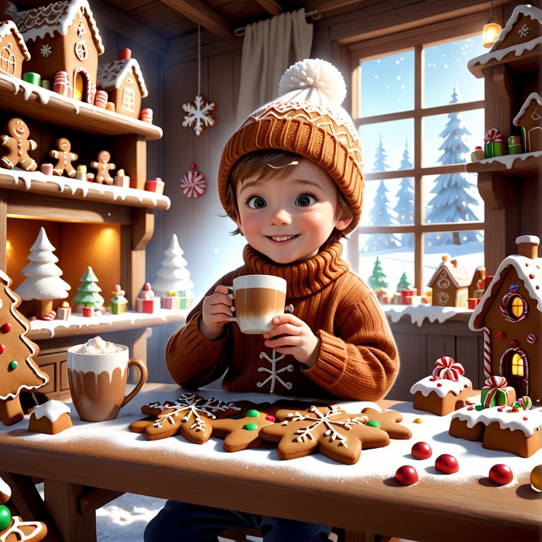 masterpiece artwork, best quality,  

Cartoon Illustration, 
a child wearing a knitted hat and a sweater, in the gingerbread-scented workshop, drinking warm cocoa, and painting snowflakes on wagons, smiling, surrounded by toys,

8k, octane render, natural lighting, hyperrealistic, 
3d cartoon, extremely detailed, dynamic angle, 
magic, surreal, fantasy, digital art, UHD, cinematic perfect light,