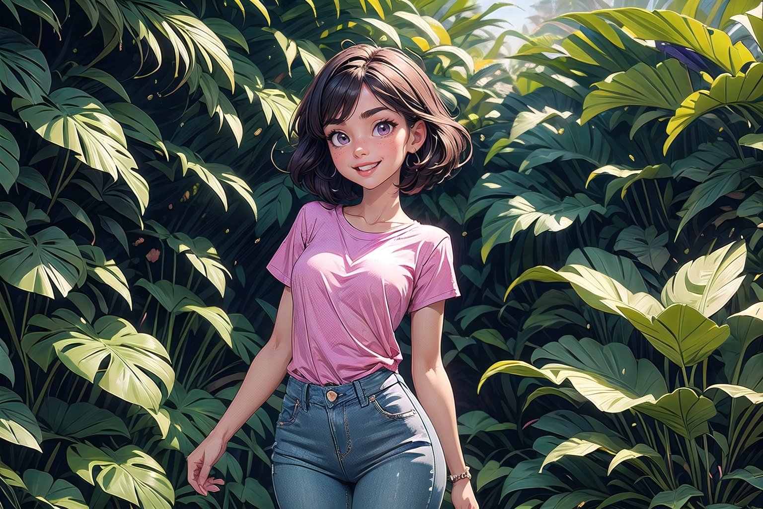 hyper-detailed, masterpiece, 8 K,  
(1 girl) named Mary, short black hair, brown eyes, (detailed eyes, deep eyes), slim build, grey and purple loose t-shirt and jeans. slender legs, (tiny breasts),
(in the plant section of a nursery),
smiling, talking, mouth open, side view, 
((best quality)), ((highly detailed)),  (cowboy shot),

,Nature