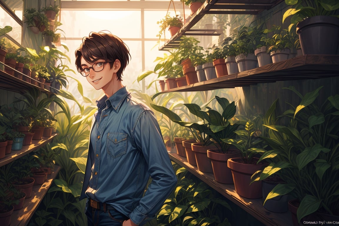 ((1 young man)) named ooma, gentle, with short-cropped dark hair, thin body, big eyes, glasses, 
wearing a faded denim button-down shirt, 
portrait, warmly smiling, eyebrows raised, cowboy shot, side view,
(in the plant section of a nursery),
((best quality)), ((highly detailed)),  