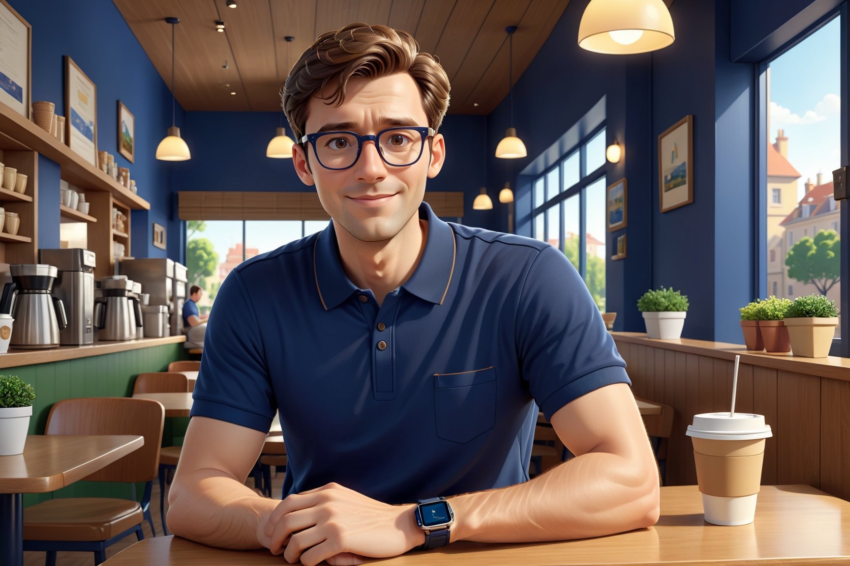 masterpiece artwork, best quality,  

Cartoon Illustration, 
a handsome man named Bob, 30 years old, with short, brown hair, wearing rectangular glasses. dressed casually in a navy blue polo shirt paired with khaki trousers. He wears comfortable sneakers, and a smartwatch can be seen on his left wrist, portrait, wormly smiling, sitting in a coffee shop, 

8k, octane render, natural lighting, hyperrealistic, 
3d cartoon, extremely detailed, dynamic angle, 
magic, surreal, fantasy, digital art, UHD, cinematic perfect light,