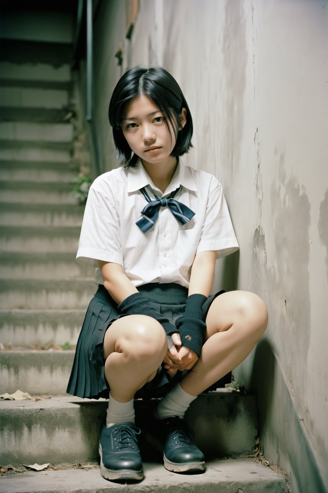 A Lomo style photograph of a beautiful teenage Japanese girl, 
short black hair, 
junior high student uniform, pleated skirt, 
Squatting in the ruins stairwell, 
great depression, 
rodenstock sironar-n, 210mm f/5.6, kodak t-max100, large format camera, 
created by Rinko Kawauchi, Osamu Yokonami, Eiki Mori, Yoshinori Mizutani, Yasumasa Yonehara, Nobuyoshi Araki, 
tintime,