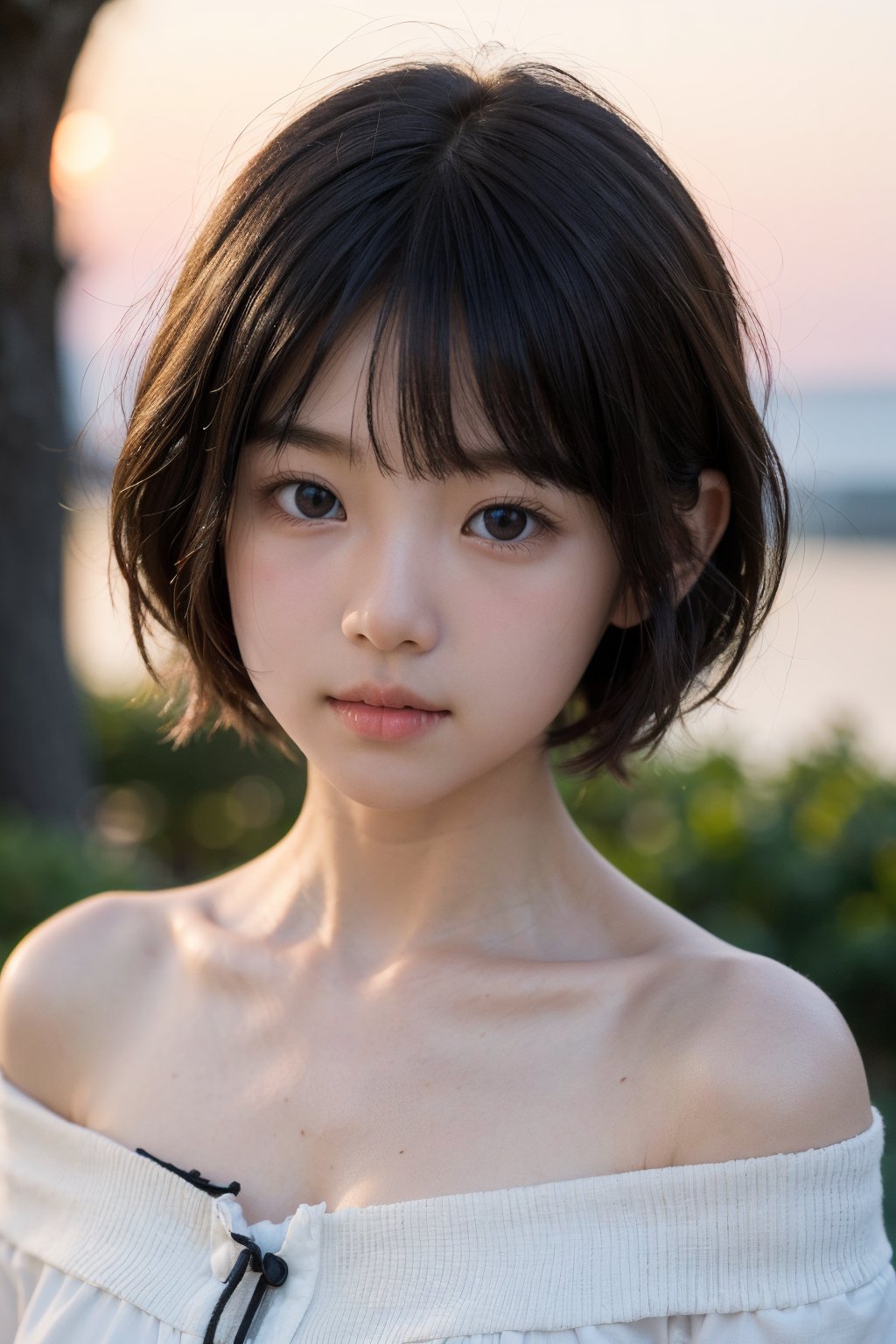 主：(Misty woods under sunset),(((Focus on close-up photos of faces))),
人：1litte 1kid 7yo gril (Child:1.2), 
優：(Stable Diffusion 1.5),
髮：(((short hair))),(((bangs))),(((Well-defined hair strands:1.4))),
服：(Off-the-shoulder),deep V neckline,