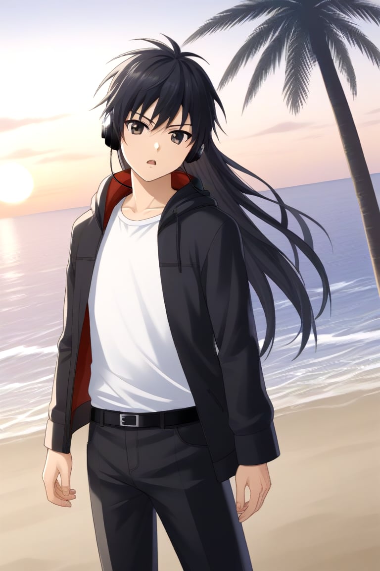 HD, 8k, highres, mantialiasing, Highly detailed, High Quality, masterpiece, beautiful, source_anime, 
BREAK 1boy, solo, (young man, male focus, 16 years old), (Yae Karonji:1.5), long hair, male chest, black eyes, black hair, long hair, shirt, ((black hair)), 
BREAK beach, palm trees, sea, outdoors, sunset, 
BREAK long sleeves, jacket, full body, white shirt, pants, hood, black jacket, headphones, black pants, 
BREAK standing, dutch angle, looking_at_viewer, serious, Open mouth, one arm on the waist, cowboy shot, Upper body 