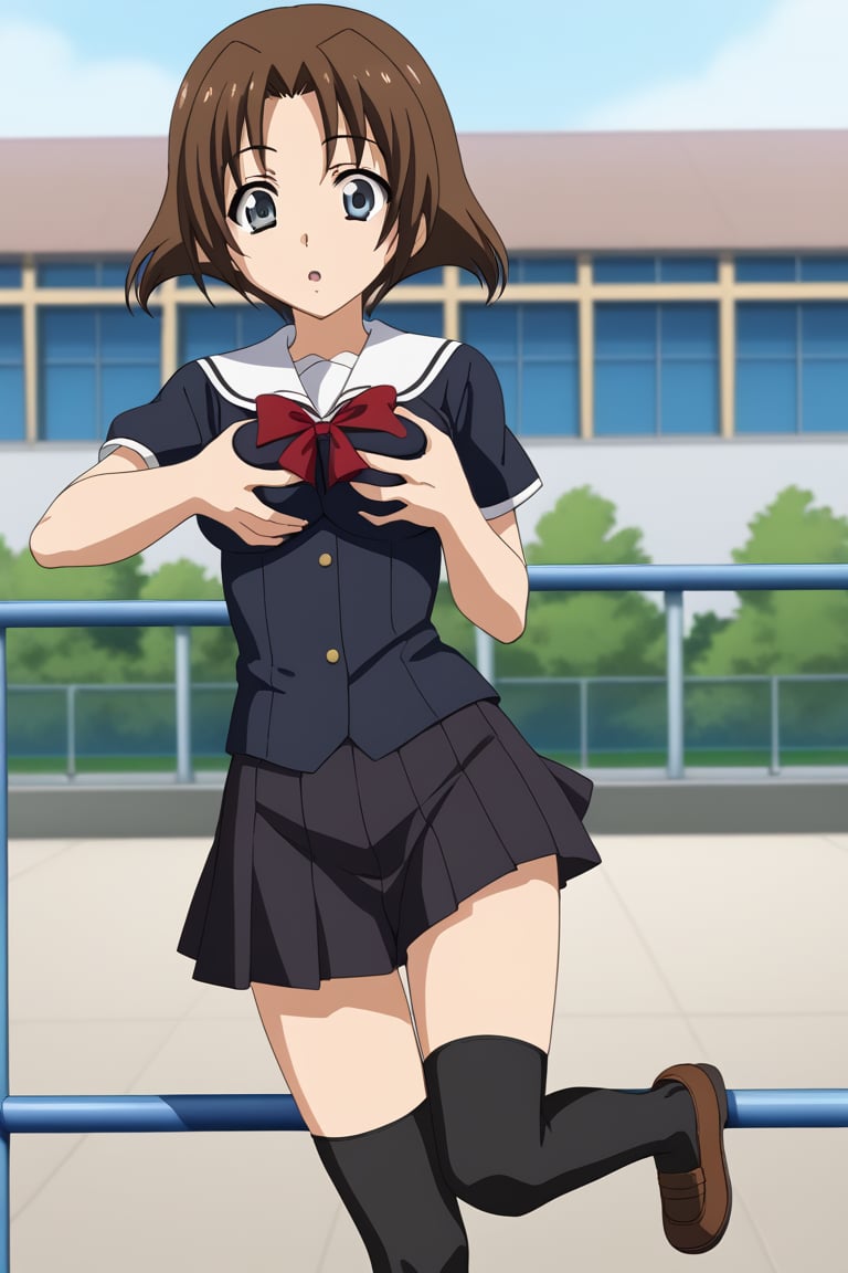 Highly detailed, High Quality, masterpiece, beautiful, 
BREAK 1girl, (solo_female), (young woman, 16 years old), minami obuchi, short hair, brown_hair, bangs, (grey eyes, Surprise face), (medium breasts), 
BREAK (school roof background, railing, sky, city), 
BREAK waist-length skirt, thighhighs, school uniform, shoes, black thighhighs, zettai ryouiki, 
BREAK (1boy, breast grab, breast grabbing from behind:1.8), (breast grabbing by man:1.5), upper_body, side view, grabbing another's breast,