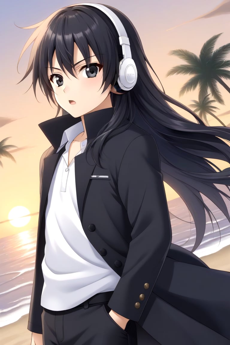 HD, 8k, highres, mantialiasing, Highly detailed, High Quality, masterpiece, beautiful, source_anime, 
BREAK 1boy, solo, (young man, male focus, 16 years old), Yae Karonji, ((long hair)), male chest, black eyes, black hair, 
BREAK beach, palm trees, sea, outdoors, sunset, 
BREAK long sleeves, coat, white shirt, pants, black coat, headphones, black pants, 
BREAK standing, dutch angle, looking_at_viewer, serious, Open mouth, one arm on the waist, cowboy shot, Upper body,