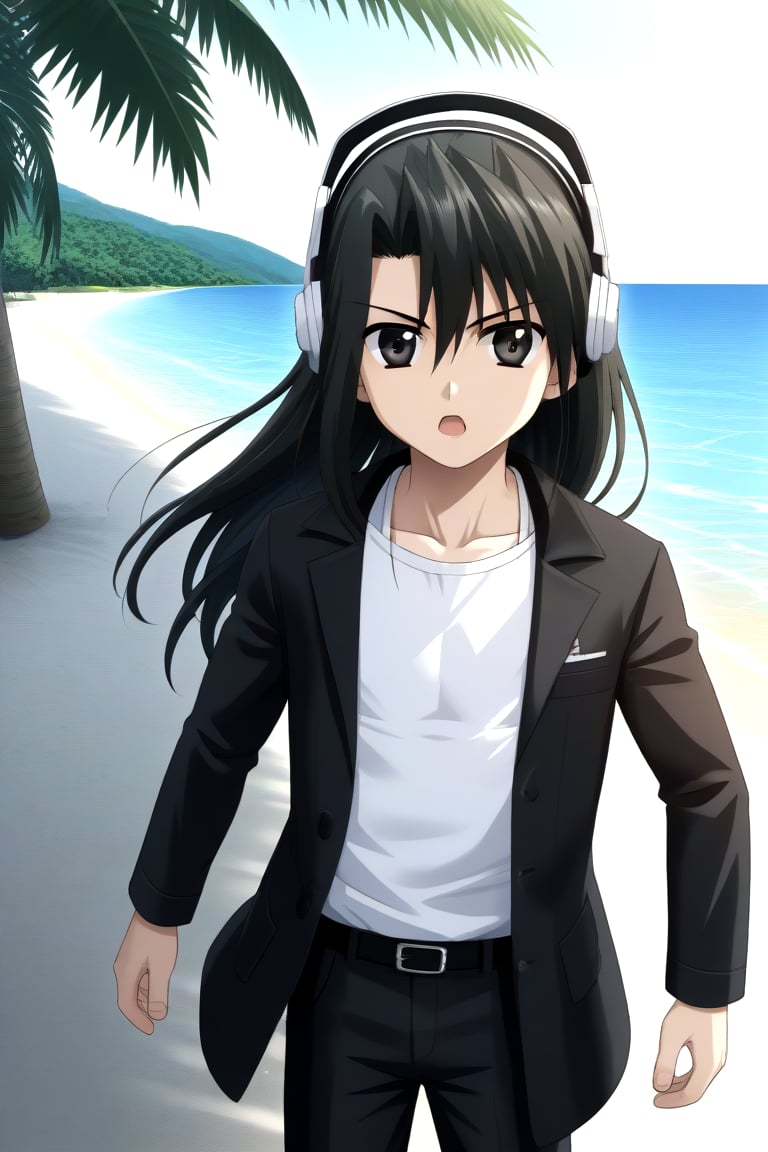 HD, 8k, highres, mantialiasing, Highly detailed, High Quality, masterpiece, beautiful, source_anime, 
BREAK 1boy, solo, (young man, male focus, 16 years old), Setsuna Kiyoura, long hair, male chest, black eyes, black hair, long hair, shirt, black hair, 
BREAK beach, palm trees, sea, outdoors, sunset, 
BREAK long sleeves, jacket, full body, white shirt, pants, coat, black coat, headphones, black pants, 
BREAK standing, dutch angle, looking_at_viewer, serious, Open mouth, one arm on the waist, cowboy shot,