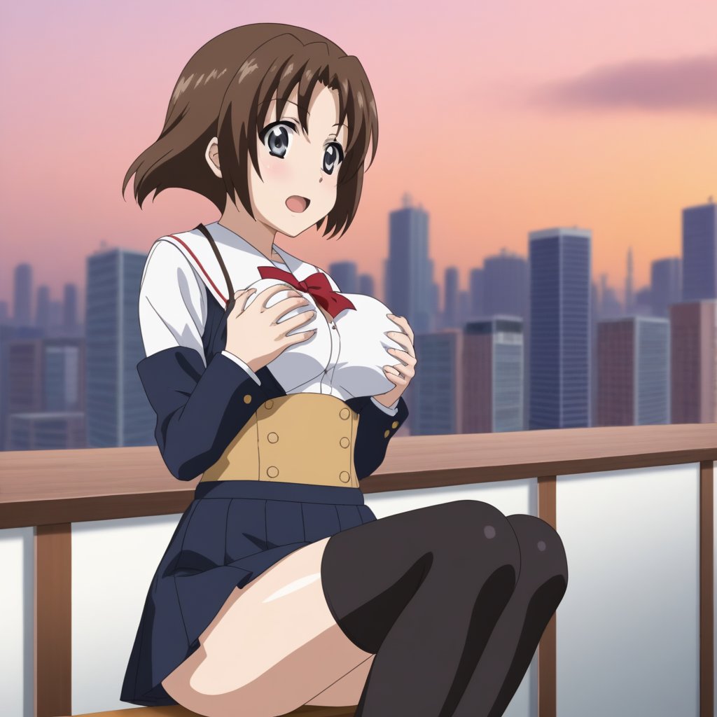 Highly detailed, High Quality, masterpiece, beautiful, 
BREAK 1girl, (solo_female), (young woman, 16 years old), minami obuchi, short hair, brown_hair, bangs, (grey eyes, Surprise face), (medium breasts), 
BREAK (school roof background, railing, sky, city), 
BREAK waist-length skirt, thighhighs, school uniform, shoes, black thighhighs, zettai ryouiki, 
BREAK (1boy, breast grab, breast grabbing from behind, breast grabbing by man), upper_body, side view, grabbing another's breast,