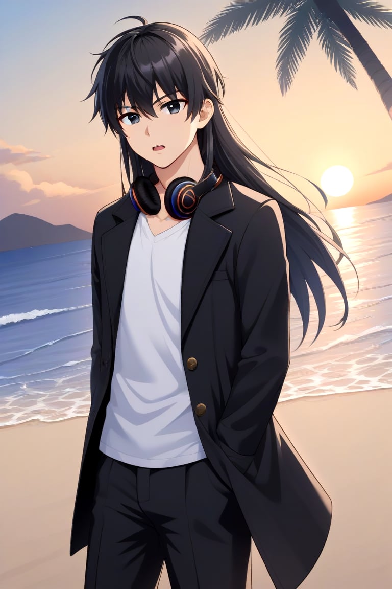 HD, 8k, highres, mantialiasing, Highly detailed, High Quality, masterpiece, beautiful, source_anime, 
BREAK 1boy, solo, (young man, male focus, 16 years old), ((long hair)), male chest, black eyes, black hair, 
BREAK beach, palm trees, sea, outdoors, sunset, 
BREAK long sleeves, coat, white shirt, pants, black coat, headphones, black pants, 
BREAK standing, dutch angle, looking_at_viewer, serious, Open mouth, one arm on the waist, cowboy shot, Upper body 