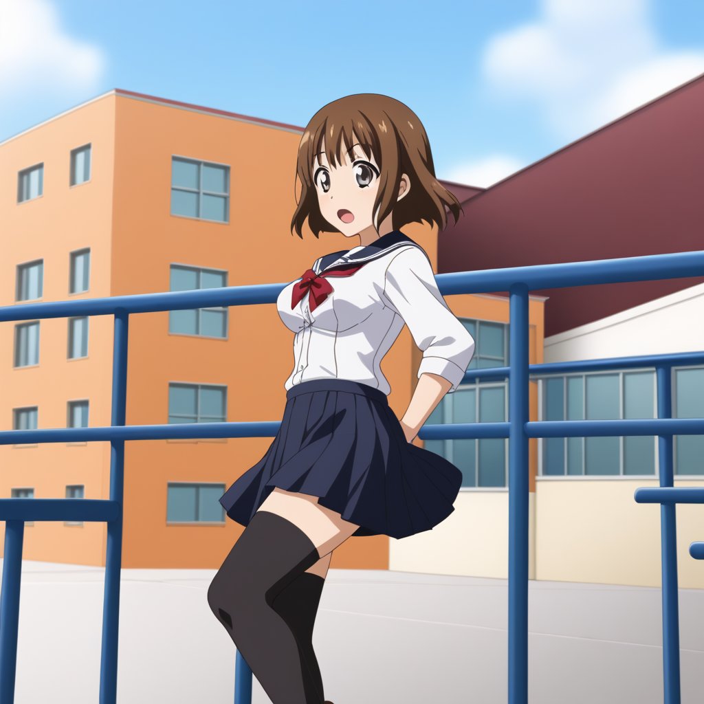 Highly detailed, High Quality, masterpiece, beautiful, 
BREAK 1girl, (young woman, 16 years old), minami obuchi, short hair, brown_hair, bangs, (grey eyes, Surprise face), (medium breasts), 
BREAK (school roof, railing), 
BREAK waist-length skirt, thighhighs, school uniform, shoes, black thighhighs, zettai ryouiki, 
BREAK breast grab, (boy in suit grabbing girl's breasts from behind), side view, grabbing another's breast, from Front, ((upper_body)).