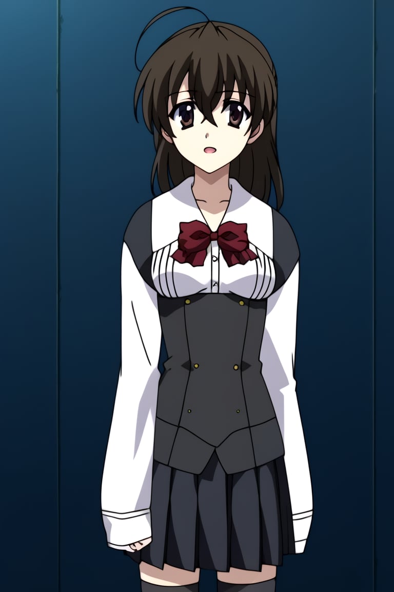 Highly detailed, High Quality, masterpiece, beautiful, 1girl, solo, (young woman, 16 years old), sekai saionji, black hair, brown eyes, ahoge, medium breasts, school uniform, ((shirt, shirt sleeves:1.8)), long sleeves, white sleeves, arms at sides, (black vest, vest), pleated skirt, ((black skirt, waist-length skirt:1.2)), thighhighs, black thighhighs, zettai ryouiki, (front view), ((dark environment)), open_mouth,