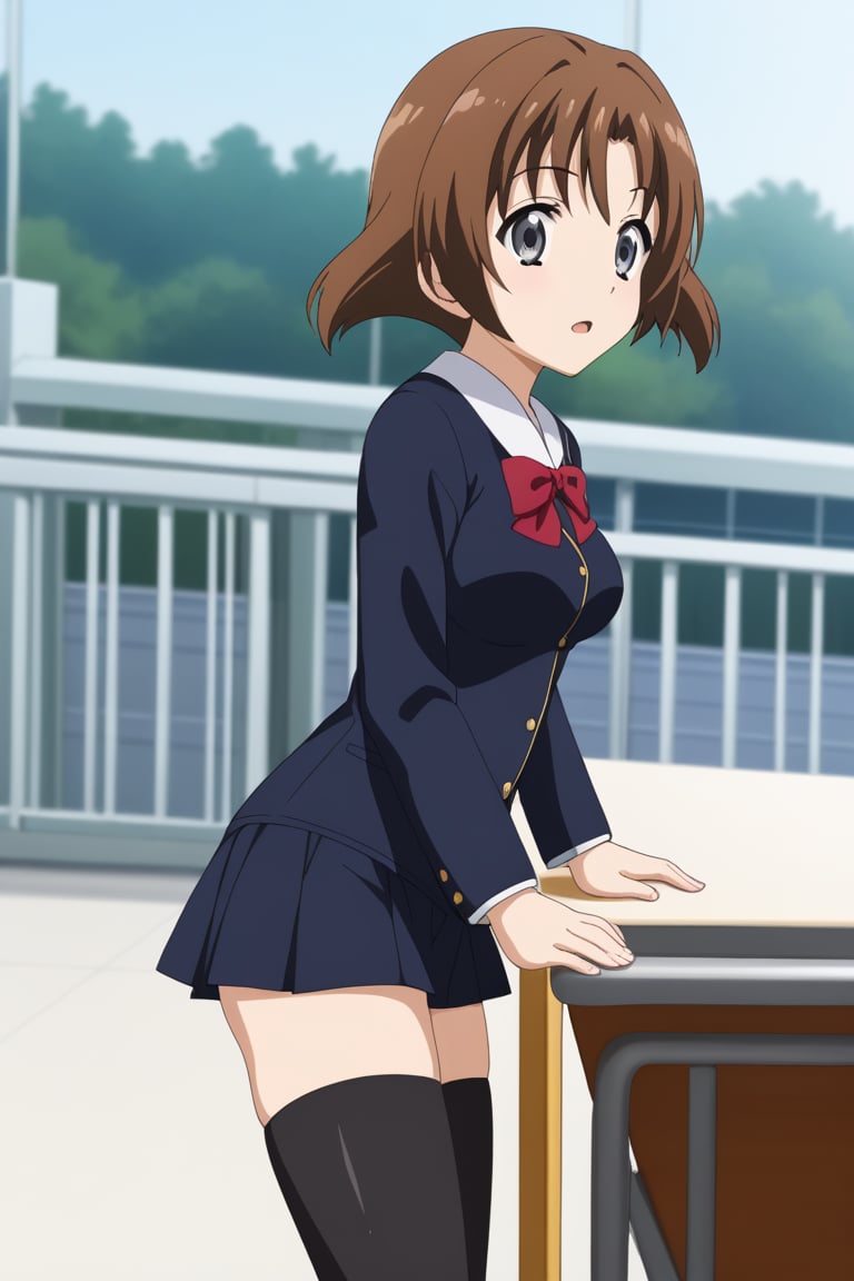 Highly detailed, High Quality, masterpiece, beautiful, 
BREAK 1girl, (young woman, 16 years old), minami obuchi, short hair, brown_hair, bangs, (grey eyes, Surprise face), (medium breasts), 
BREAK (school roof, railing), 
BREAK waist-length skirt, thighhighs, school uniform, shoes, black thighhighs, zettai ryouiki, 
BREAK breast grab, (boy in suit grabbing girl's breasts from behind), side view, grabbing another's breast, from Front, ((upper_body)).