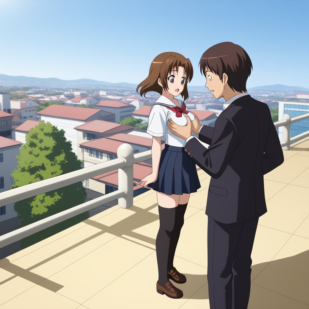 Highly detailed, High Quality, masterpiece, beautiful, 
BREAK 1girl, (young woman, 16 years old), minami obuchi, short hair, brown_hair, bangs, (grey eyes, Surprise face), (medium breasts), 
BREAK (school roof background, railing, sky, city), 
BREAK waist-length skirt, thighhighs, school uniform, shoes, black thighhighs, zettai ryouiki, 
BREAK  breast grab, (1boy, breast grabbing from behind:1.5) side view, grabbing another's breast,