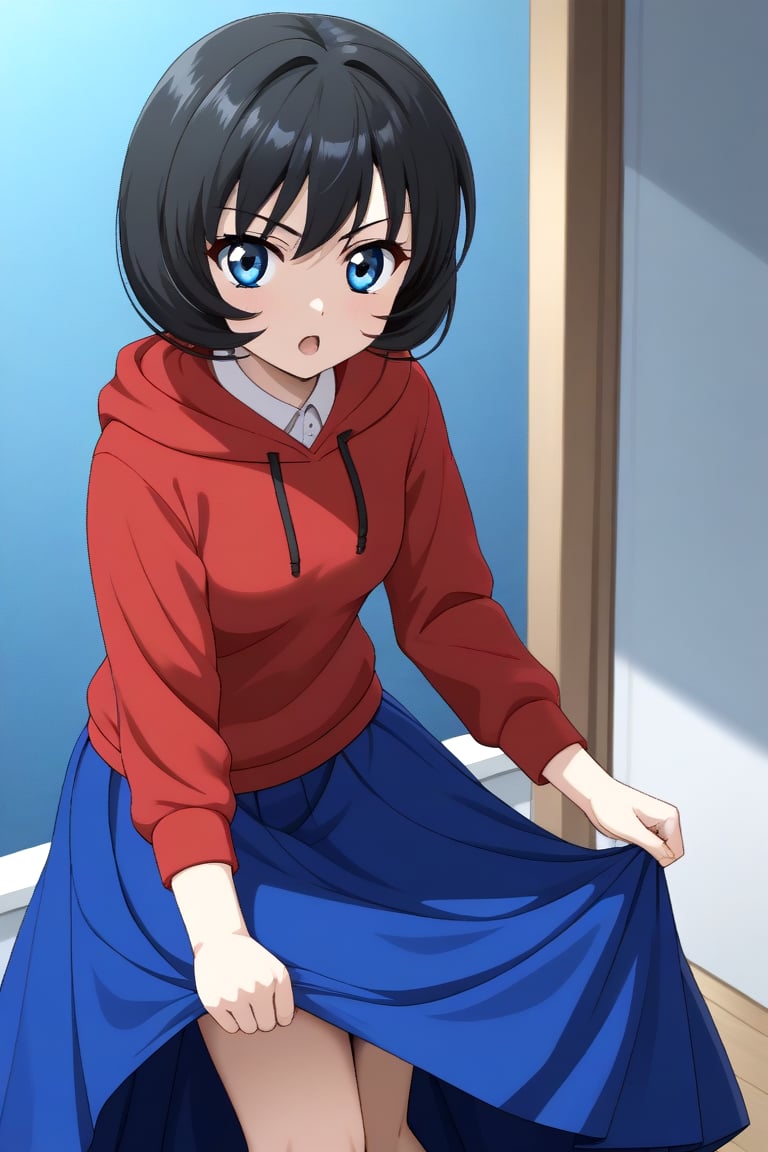 HD, 8k, highres, mantialiasing, Highly detailed, High Quality, masterpiece, beautiful, source_anime, 
BREAK 1girl, solo, (young woman, 16 years old), Uzuki Li, short hair, blue eyes, serious look, Open mouth,
BREAK hoodie, skirt, red hoodie, long skirt, blue skirt
BREAK looking at viewer,  focus face, front_view,