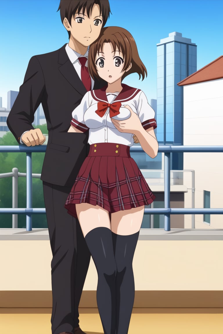 Highly detailed, High Quality, masterpiece, beautiful, 
BREAK 1girl, (young woman, 16 years old), minami obuchi, short hair, brown_hair, bangs, (grey eyes, Surprise face), (medium breasts), 
BREAK (school roof background, railing, sky, city), 
BREAK waist-length skirt, thighhighs, school uniform, shoes, black thighhighs, zettai ryouiki, 
BREAK breast grab, (boy grabbing the girl's breasts from behind:1.5) side view, grabbing another's breast, upper_body