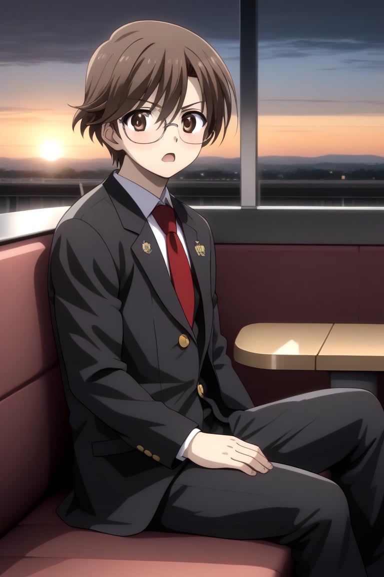 HD, 8k, highres, mantialiasing, Highly detailed, High Quality, masterpiece, beautiful, 
BREAK 1boy, solo, male focus, yuuki ashikaga, brown hair, Brown eyes, ((short hair)), Open mouth, 
BREAK school uniform, shirt, pants, black jacket, red tie, black pants, long pants, glasses,
BREAK interior of a subway, sunset, glass, 
BREAK solo focus, side view, focus face, sitting, looking at the viewer, serious face, blushing, constricted pupils,