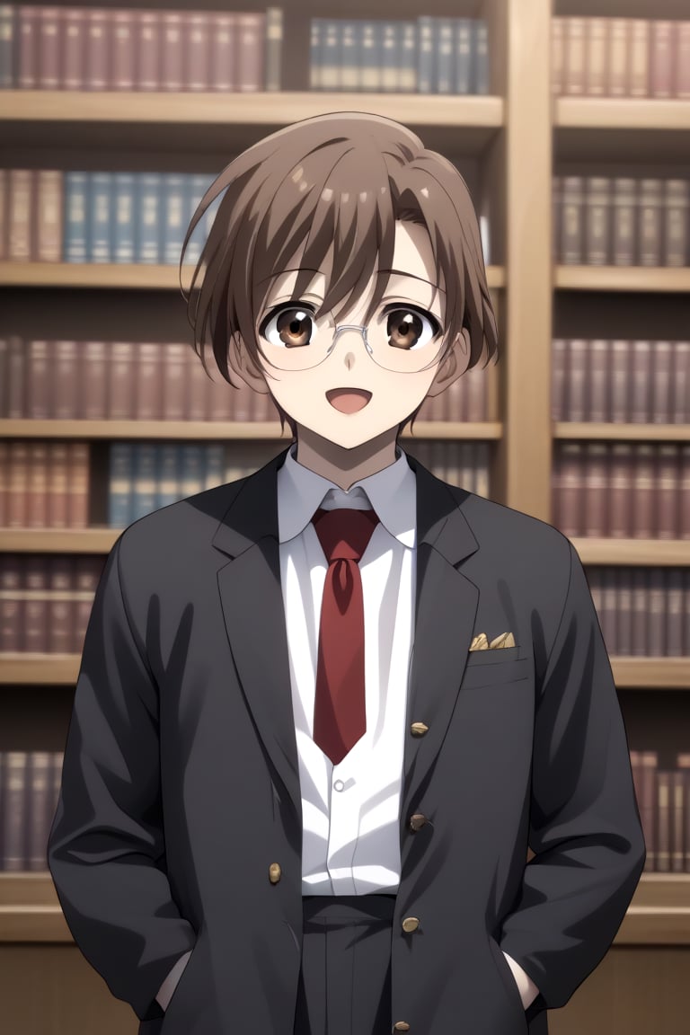 HD, 8k, highres, mantialiasing, Highly detailed, High Quality, masterpiece, beautiful, source_anime, 
BREAK 1boy, solo, male focus, 16 years old, yuuki ashikaga, brown hair, brown eyes, short hair, glasses, Open mouth, (happy look),
BREAK inside a library, books, bookshelves, glass,
BREAK school uniform, shirt, pants, black jacket, red tie
BREAK looking_at_viewer, front view, talking on phone, boy standing in front of window, outside, sunset sky