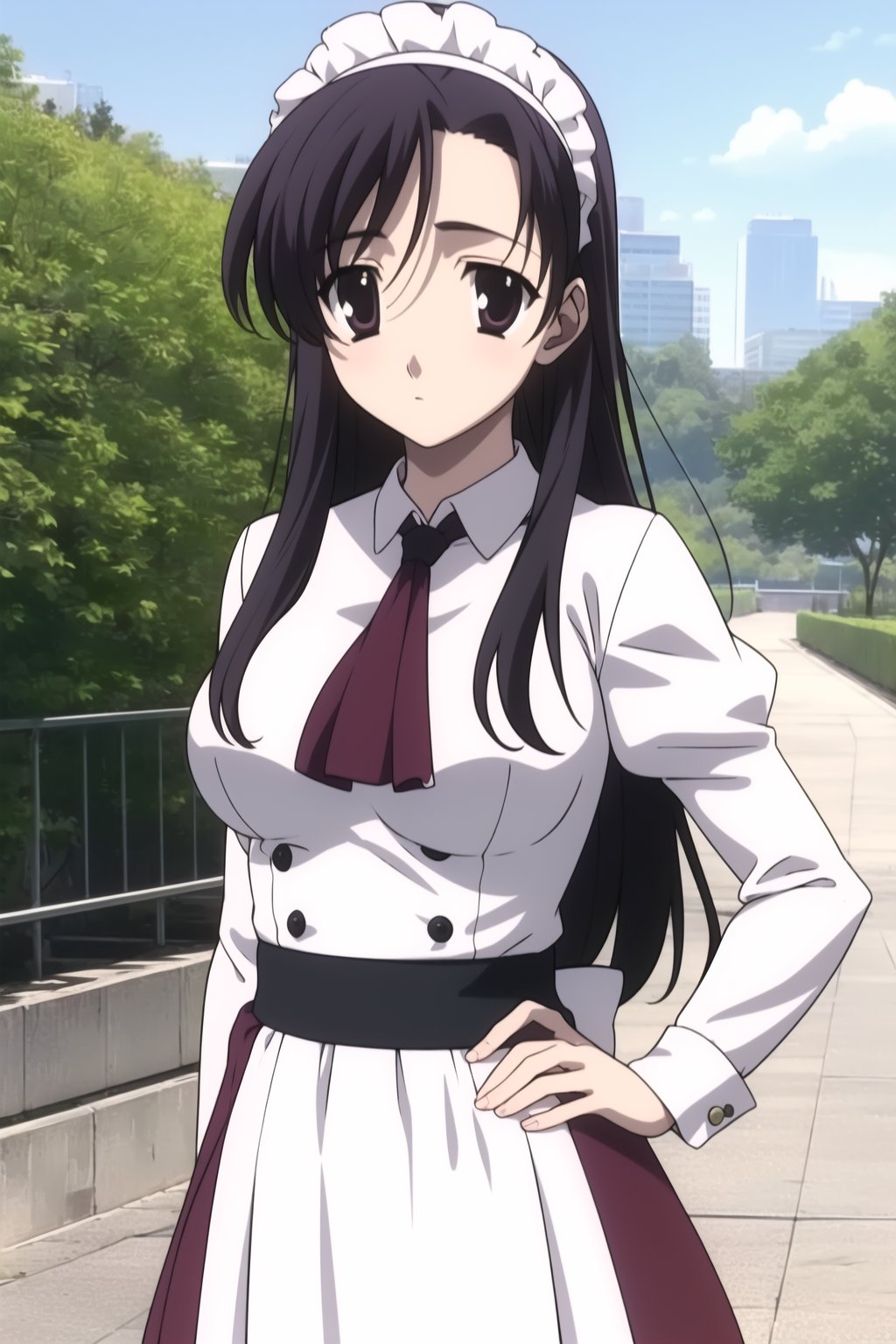  Highly detailed, High Quality, masterpiece, beautiful,
BREAK 1girl, solo, (young woman), (16 old), Black_long_hair, Black_eyes, bangs, breasts, large breasts,
BREAK Uniform Sweet Ohara, skirt, long sleeves, dress, standing, puffy sleeves, red ascot, hands on hips, long skirt, (purple skirt:1.2), white dress, wrist_cuff, maid headdress, waist-length skirt,
BREAK looking_at_viewer, upper_body, sitting, Focus breasts,
 