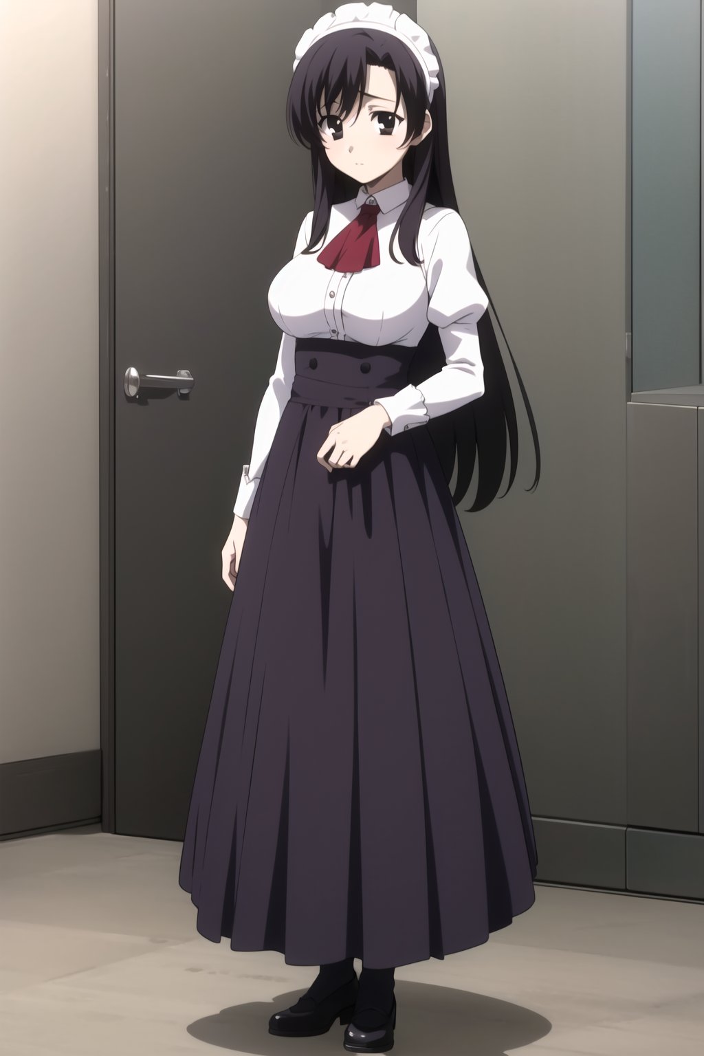  Highly detailed, High Quality, masterpiece, beautiful,
BREAK 1girl, solo, (young woman), (16 old), kotonoha katsura, (black eyes:1.4), black hair, long hair, bangs, breasts, large breasts,
BREAK Uniform Sweet Ohara, skirt, long sleeves, dress, standing, puffy sleeves, red ascot, long skirt, (purple skirt:1.2), white dress, wrist_cuff, maid headdress, waist-length skirt,
BREAK looking_at_viewer, front view, standing, full_body,
 