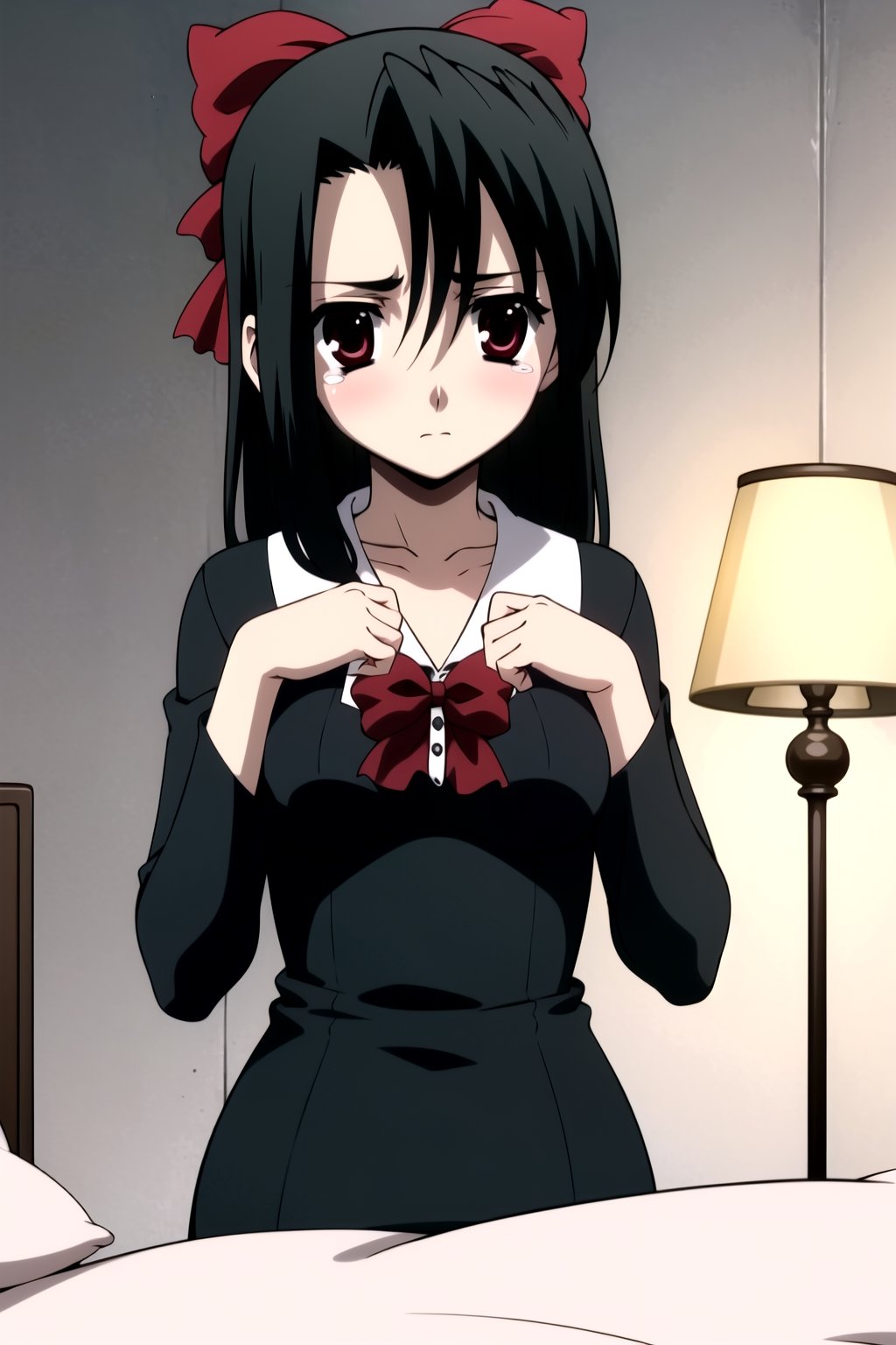 In a dimly lit room with a subtle glow emanating from the bedside lamp, Setsuna Kiyoura, a young woman with striking red eyes and jet-black hair tied back by a vibrant red bow, lies on her side in the center of a white-sheeted double bed. Her petite frame is clad in a black pinafore dress adorned with a grey T-shirt and long sleeves, accentuating her modest bust. As she gazes directly at the viewer with a look of disappointment etched on her tear-stained face, her slender fingers grasp the edge of the bed, as if searching for solace or guidance.