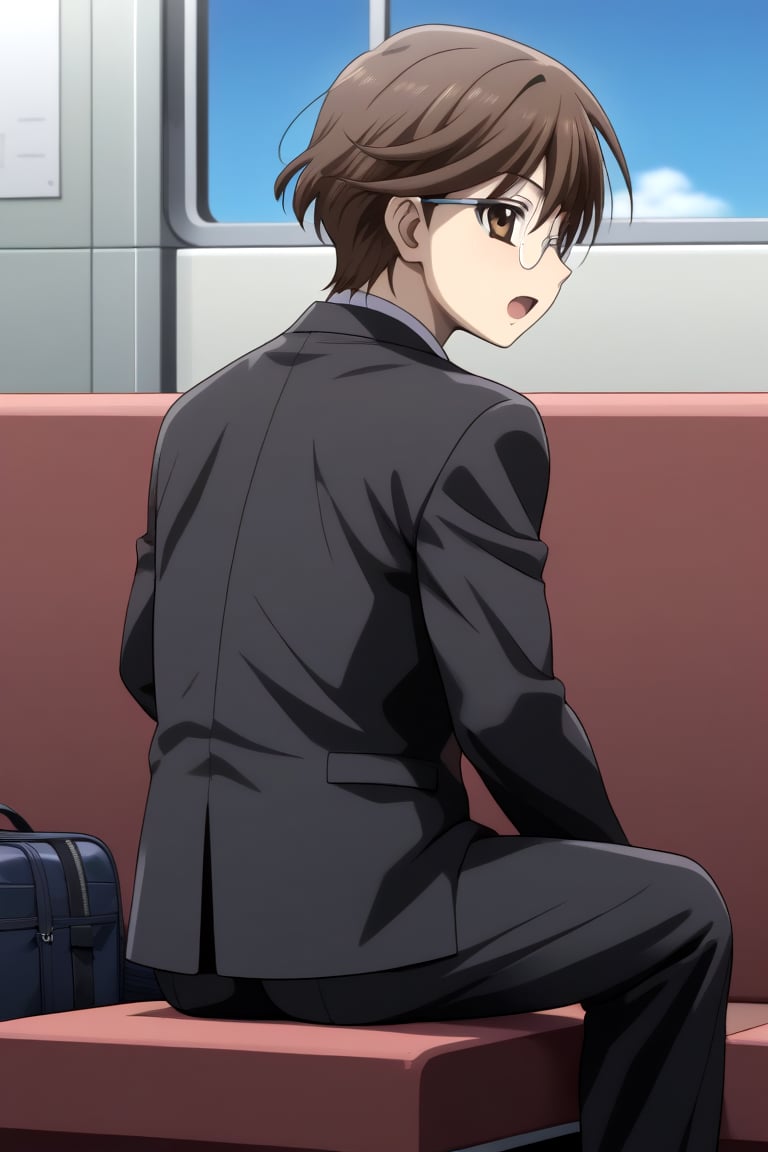 HD, 8k, highres, mantialiasing, Highly detailed, High Quality, masterpiece, beautiful, 
BREAK 1boy, solo, male focus, yuuki ashikaga, brown hair, Brown eyes, ((short hair)), Open mouth, 
BREAK school uniform, shirt, pants, black jacket, red tie, black pants, long pants, glasses,
BREAK interior of a subway, sunset, glass, 
BREAK solo focus, back view, focus face, sitting, look nervious,  from behire, side head, looking back,