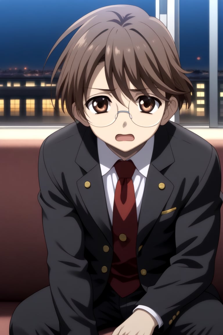 HD, 8k, highres, mantialiasing, Highly detailed, High Quality, masterpiece, beautiful, 
BREAK 1boy, solo, male focus, yuuki ashikaga, brown hair, Brown eyes, ((short hair)), Open mouth, 
BREAK school uniform, shirt, pants, black jacket, red tie, black pants, long pants, glasses,
BREAK interior of a subway, sunset, glass, 
BREAK solo focus, front view, focus face, sitting, looking at the viewer, nervous look,