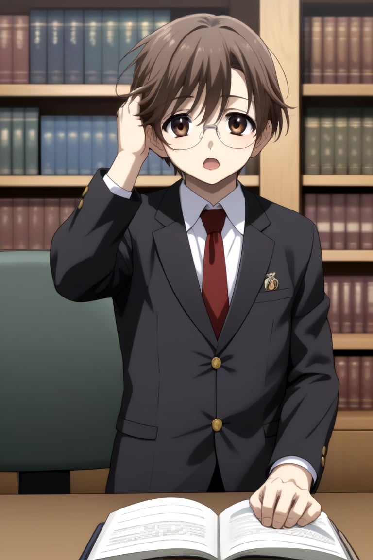 HD, 8k, highres, mantialiasing, Highly detailed, High Quality, masterpiece, beautiful, source_anime, 
BREAK 1boy, solo, male focus, 16 years old, yuuki ashikaga, brown hair, brown eyes, short hair, glasses, Open mouth,
BREAK inside a library, books, bookshelves, computer screen,
BREAK school uniform, shirt, pants, black jacket, red tie
BREAK looking_at_viewer, front view, sitting at the chair, boy sitting on a chair in front of a computer, hands_up, hand scratching head,