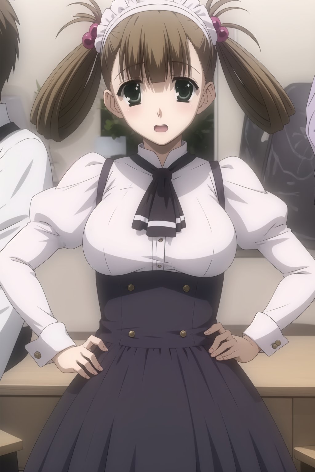 Highly detailed, High Quality, masterpiece, beautiful,
BREAK 1girl, solo, (young woman), (16 old), hikari kuroda, bangs, (brown hair), hair ornament, twintails, (green eyes), hair bobbles, hair rings, medium breasts,
BREAK restaurant, Night,
BREAK Uniform Sweet Ohara, skirt, long sleeves, dress, standing, puffy sleeves, (red ascot), hands on hips, long skirt, (purple skirt:1.5), white dress, wrist_cuff, maid headdress,
BREAK missionary, 1boy, penis, lying, vaginal, pov, spread legs, sex, nsfw