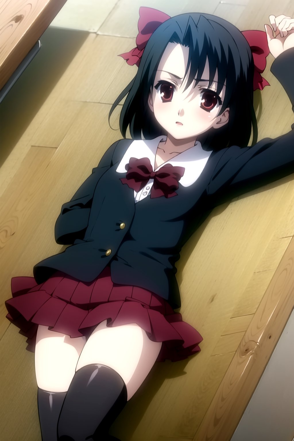 Highly detailed, High Quality, Masterpiece, beautiful,
BREAK 1girl, solo, (young woman), (16 old), setsuna kiyoura, black hair, (red eyes:1.5), hair bow, red bow, short hair,
BREAK skirt, thighhighs, school uniform, shoes, black thighhighs, zettai ryouiki, bow, red bow, black long sleeve vest,
BREAK indoors, classroom,
BREAK looking_at_viewer, (lying:1.8), focus waist, upper_body,