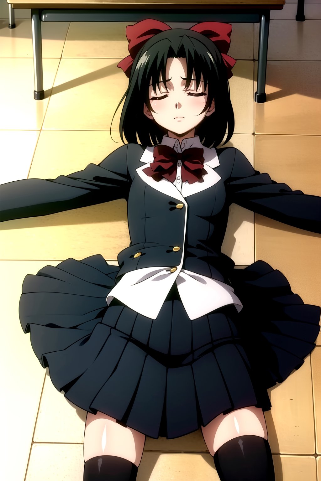 Highly detailed, High Quality, Masterpiece, beautiful,
BREAK 1girl, solo, (young woman), (16 old), setsuna kiyoura, black hair, (closed eyes:1.5), hair bow, red bow, short hair,
BREAK skirt, thighhighs, school uniform, shoes, black thighhighs, zettai ryouiki, bow, red bow, black long sleeve vest,
BREAK (classroom, mosaic floor:1.5),
BREAK looking_at_viewer, (lying:1.8), (focus waist), 