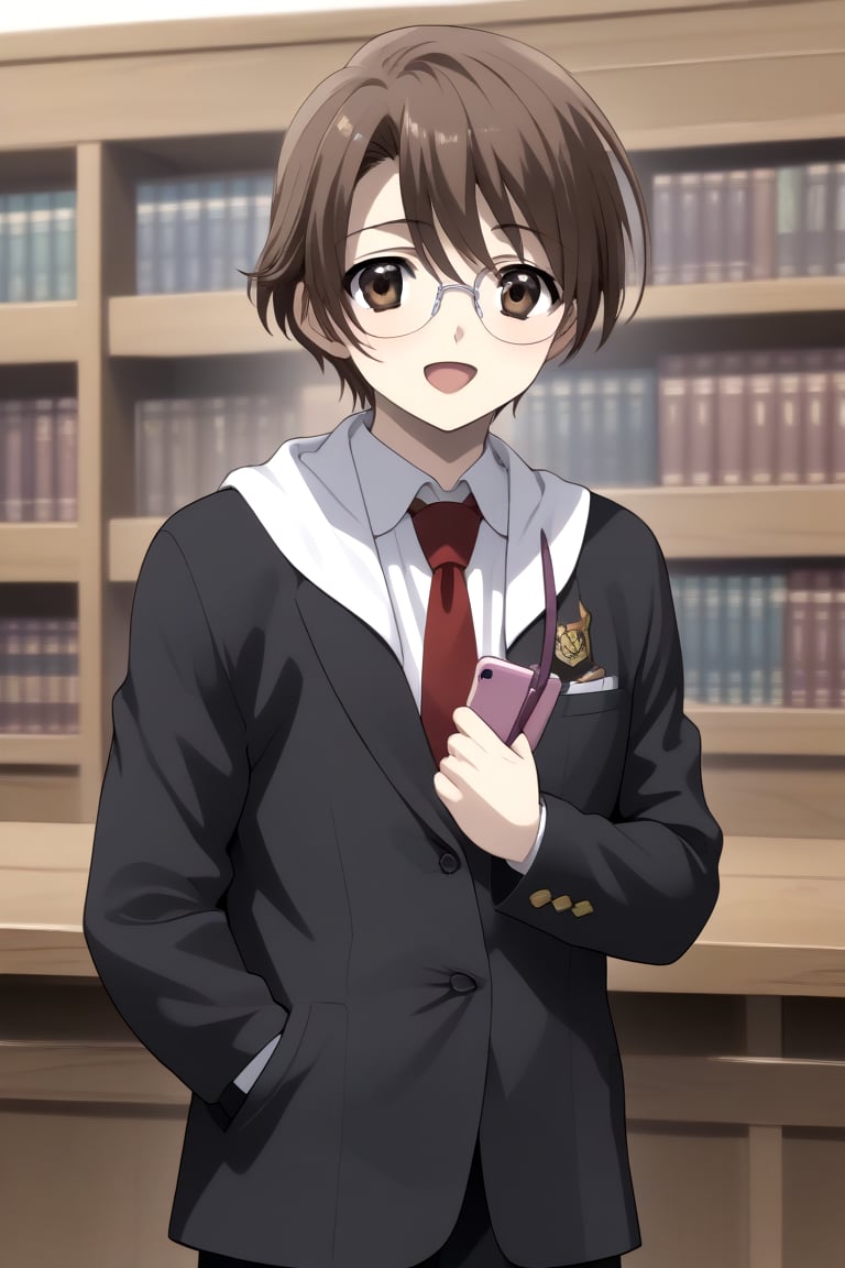 HD, 8k, highres, mantialiasing, Highly detailed, High Quality, masterpiece, beautiful, source_anime, 
BREAK 1boy, solo, male focus, 16 years old, yuuki ashikaga, brown hair, brown eyes, short hair, glasses, Open mouth, (happy look),
BREAK inside a library, glass,
BREAK school uniform, shirt, pants, black jacket, red tie
BREAK looking_at_viewer, front view, talking on phone, boy standing in front of window, outside, sunset sky 