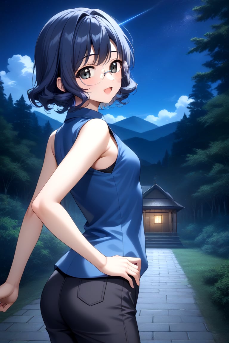 Highly detailed, High Quality, masterpiece, beautiful, 1girl, solo, (feminine focus, young woman, 16 years old), ai yamagata, short hair, blue hair, glasses, black eyes, (small breasts), Open mouth, sleeveless, ((sky blue shirt:1.5)), pants, forest, night, outdoors, from_behind, looking_at_viewer, full_body