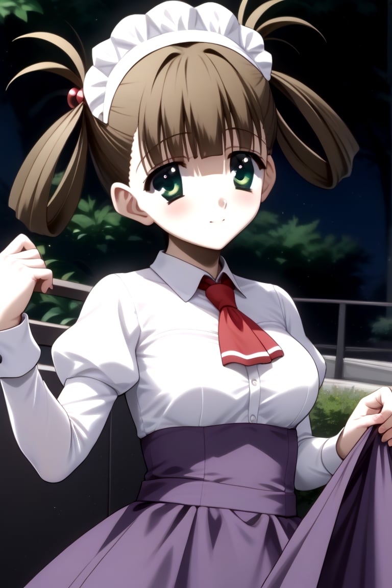 Highly detailed, High Quality, masterpiece, beautiful, 1girl, solo, (feminine focus, young woman, 16 years old), hikari kuroda, bangs, brown hair, hair ornament, twintails, green eyes, hair bobbles, hair rings, medium breasts, Uniform Sweet Ohara, white shirt, long sleeves, puffy sleeves, red ascot, long skirt, purple skirt, wrist_cuff, maid headdress, looking_at_viewer, Focus ass, full_body, from_behind,