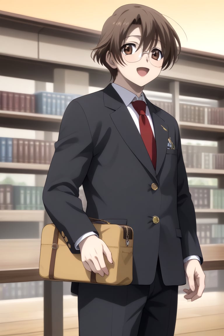 HD, 8k, highres, mantialiasing, Highly detailed, High Quality, masterpiece, beautiful, source_anime, 
BREAK 1boy, solo, male focus, 16 years old, yuuki ashikaga, brown hair, brown eyes, short hair, glasses, Open mouth, (happy look),
BREAK inside a library, glass,
BREAK school uniform, shirt, pants, black jacket, red tie
BREAK looking_at_viewer, side view, talking on phone, boy standing in front of window, outside, sunset sky,talking on phone 