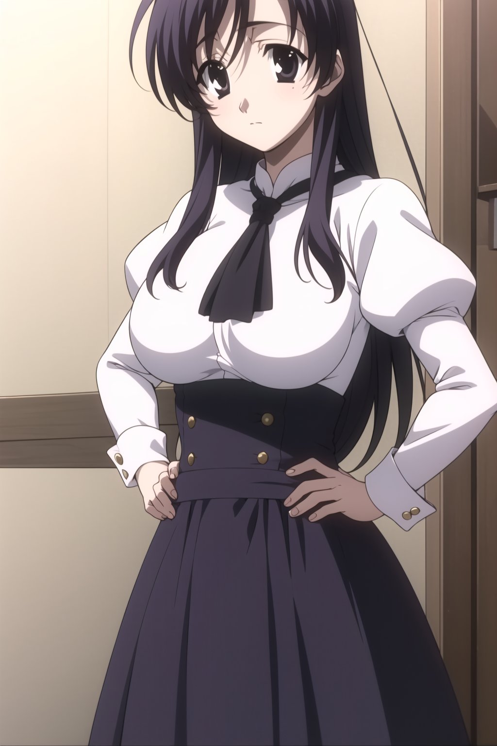  Highly detailed, High Quality, masterpiece, beautiful,
BREAK 1girl, solo, (young woman), (16 old), kotonoha katsura, (black eyes:1.4), black hair, long hair, bangs, breasts, large breasts,
BREAK Uniform Sweet Ohara, skirt, long sleeves, dress, standing, puffy sleeves, red ascot, hands on hips, long skirt, (purple skirt:1.2), white dress, wrist_cuff, maid headdress, waist-length skirt,
BREAK looking_at_viewer, upper_body, sitting, Focus breasts,
 