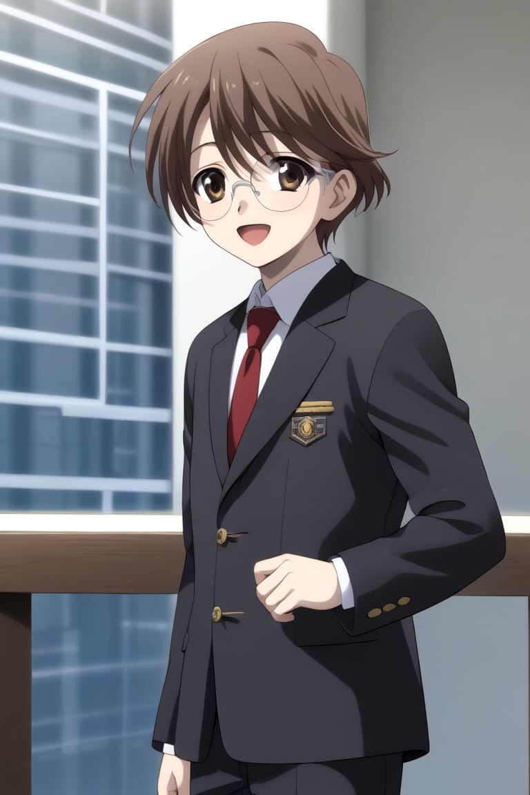 HD, 8k, highres, mantialiasing, Highly detailed, High Quality, masterpiece, beautiful, source_anime, 
BREAK 1boy, solo, male focus, 16 years old, yuuki ashikaga, brown hair, brown eyes, short hair, glasses, Open mouth, (happy look),
BREAK Windows, outside, sunset sky,
BREAK school uniform, shirt, pants, black jacket, red tie
BREAK looking_at_viewer, side view, talking on phone , (boy standing in back of window),