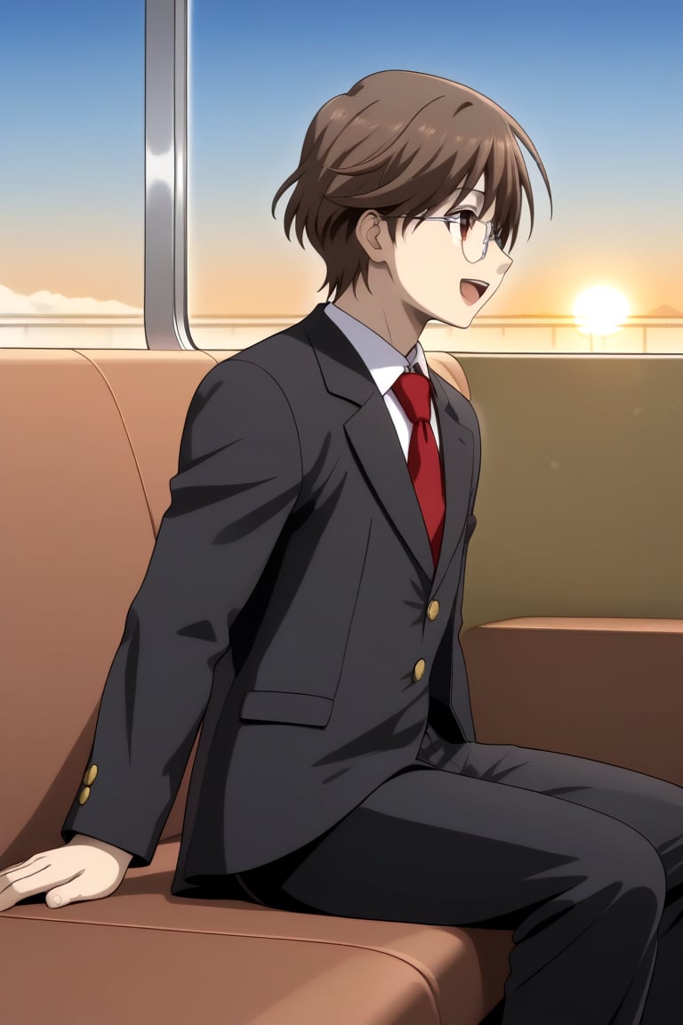 HD, 8k, highres, mantialiasing, Highly detailed, High Quality, masterpiece, beautiful, 
BREAK 1boy, solo, male focus, yuuki ashikaga, brown hair, Brown eyes, ((short hair)), (happy), Open mouth, BREAK school uniform, shirt, pants, black jacket, red tie, black pants, long pants, glasses,
BREAK interior of a subway, sunset, glass, 
BREAK solo focus, back view, focus face, sitting, look nervious, from SIDE, side head