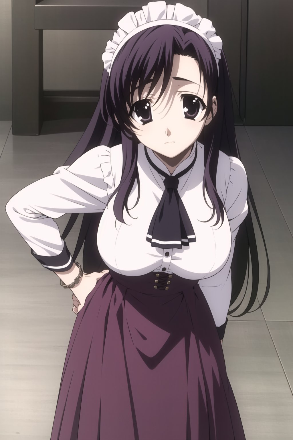  Highly detailed, High Quality, masterpiece, beautiful,
BREAK 1girl, solo, (young woman), (16 old), kotonoha katsura, (black eyes:1.4), black hair, long hair, bangs, breasts, large breasts,
BREAK Uniform Sweet Ohara, skirt, long sleeves, dress, standing, puffy sleeves, red ascot, long skirt, (purple skirt:1.2), white dress, wrist_cuff, maid headdress, waist-length skirt,
BREAK looking_at_viewer, front view, standing, full_body,
 