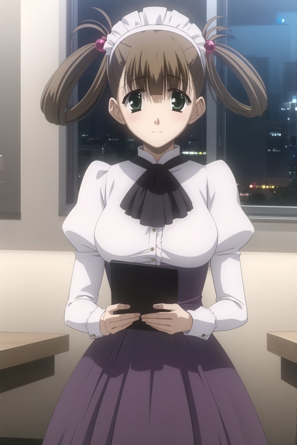  Highly detailed, High Quality, masterpiece, beautiful,
BREAK 1girl, solo, (young woman), (16 old), hikari kuroda, bangs, (brown hair:1.5), hair ornament, twintails, (green eyes), hair bobbles, hair rings, breasts, medium breasts,
BREAK Uniform Sweet Ohara, skirt, long sleeves, shirt, puffy sleeves, red ascot, (long skirt, purple skirt:1.5), white shirt, wrist_cuff, maid headdress, waist-length skirt,
BREAK restaurant, Windows, Night,
BREAK looking_at_viewer, Focus breasts,
 