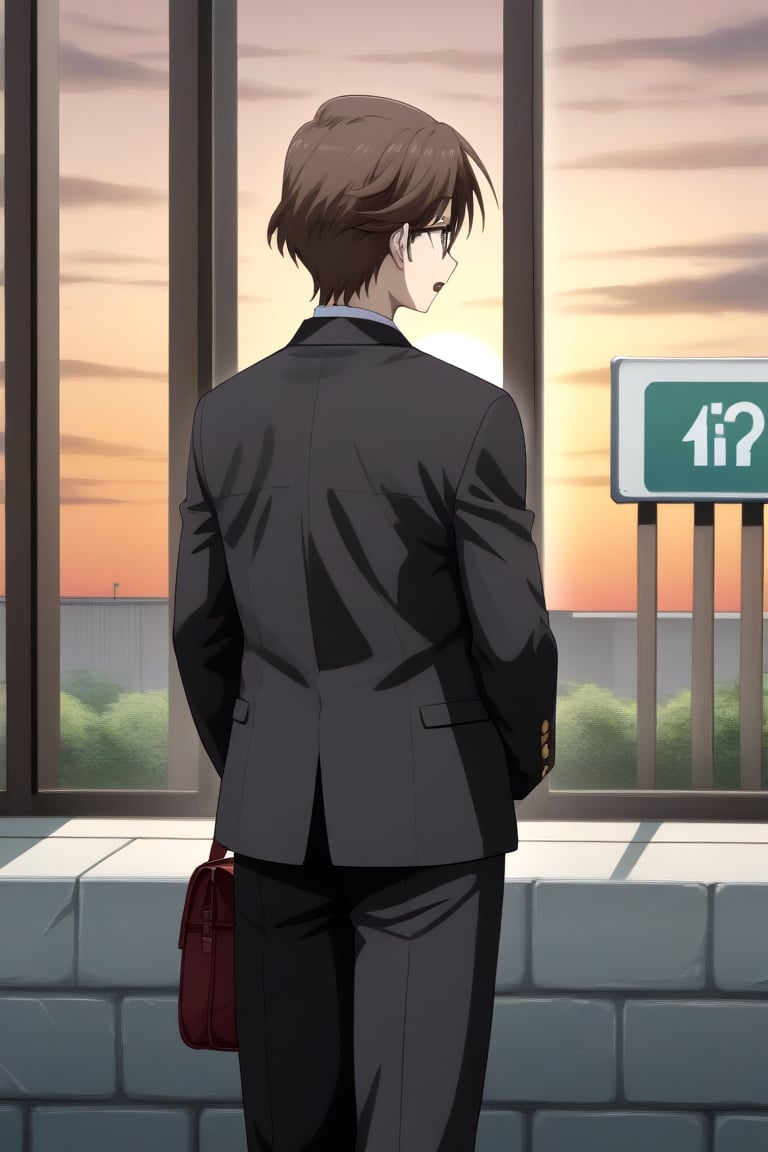 HD, 8k, highres, mantialiasing, Highly detailed, High Quality, masterpiece, beautiful, source_anime, 
BREAK 1boy, solo, male focus, 16 years old, yuuki ashikaga, brown hair, brown eyes, short hair, glasses, Open mouth, (confused look),question_sign,
BREAK Windows, outside, sunset sky, wall,
BREAK school uniform, shirt, pants, black jacket, red tie
BREAK looking side, back view, phone in hand , (boy standing in back of window), 