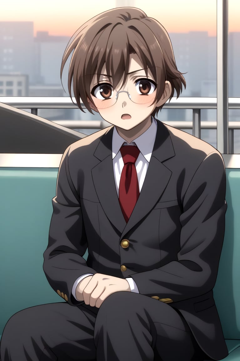 HD, 8k, highres, mantialiasing, Highly detailed, High Quality, masterpiece, beautiful, 
BREAK 1boy, solo, male focus, yuuki ashikaga, brown hair, Brown eyes, ((short hair)), Open mouth, 
BREAK school uniform, shirt, pants, black jacket, red tie, black pants, long pants, glasses,
BREAK interior of a subway, sunset, glass, 
BREAK solo focus, side view, focus face, sitting, looking at the viewer, serious face, blushing, constricted pupils,