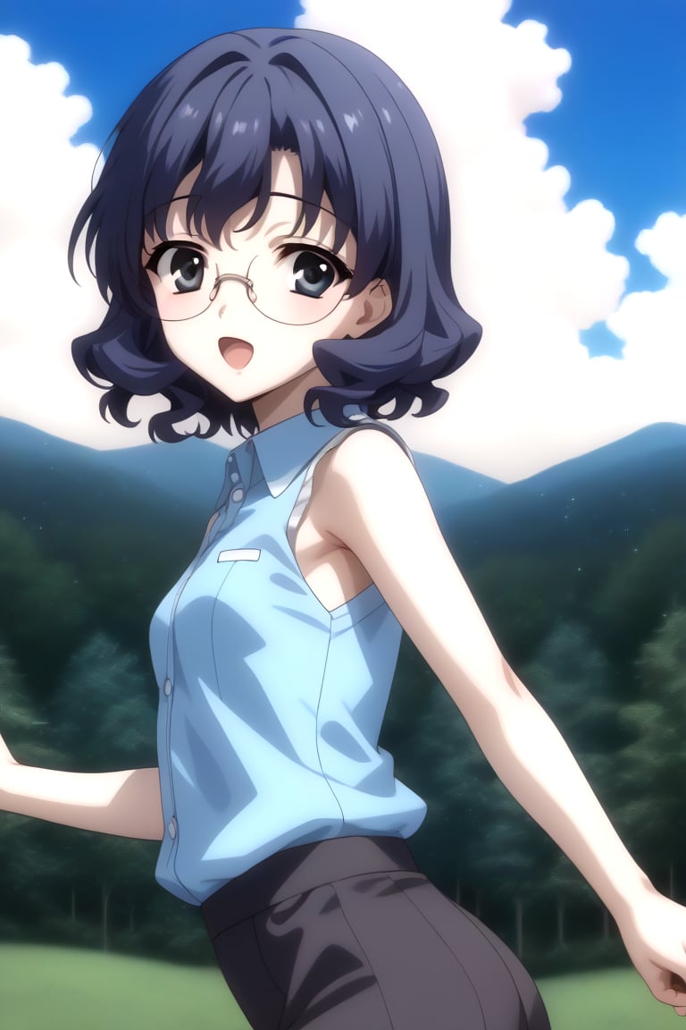 Highly detailed, High Quality, masterpiece, beautiful, 1girl, solo, (feminine focus, young woman, 16 years old), ai yamagata, short hair, blue hair, glasses, black eyes, (small breasts), Open mouth, sleeveless, ((sky blue shirt:1.8)), pants, forest, night, outdoors, from_behind, looking_at_viewer, full_body, front_view,