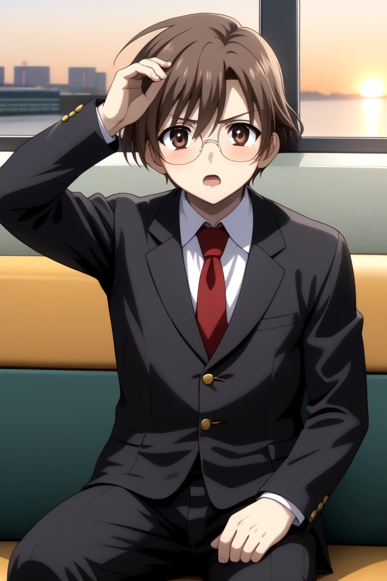 HD, 8k, highres, mantialiasing, Highly detailed, High Quality, masterpiece, beautiful, 
BREAK 1boy, solo, male focus, yuuki ashikaga, brown hair, Brown eyes, ((short hair)), Open mouth, 
BREAK school uniform, shirt, pants, black jacket, red tie, black pants, long pants, glasses,
BREAK interior of a subway, sunset, glass, 
BREAK solo focus, front view, focus face, sitting, looking at the viewer, serious face, blushing, constricted pupils, boy adjusting his own glasses,