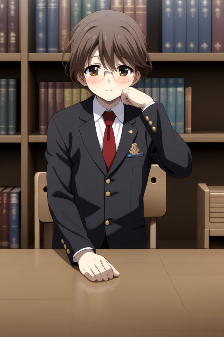 HD, 8k, highres, mantialiasing, Highly detailed, High Quality, masterpiece, beautiful, source_anime, 
BREAK 1boy, solo, male focus, 16 years old, yuuki ashikaga, brown hair, brown eyes, short hair, glasses, 
BREAK inside a library, books, bookshelves, computer screen,
BREAK school uniform, shirt, pants, black jacket, red tie
BREAK front view, lying un floor, thrown chair, blush, supreme