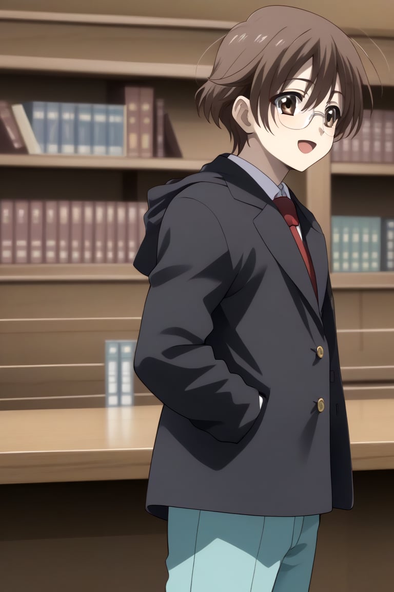 HD, 8k, highres, mantialiasing, Highly detailed, High Quality, masterpiece, beautiful, source_anime, 
BREAK 1boy, solo, male focus, 16 years old, yuuki ashikaga, brown hair, brown eyes, short hair, glasses, Open mouth, (happy look),
BREAK inside a library, Windows, outside, sunset sky,
BREAK school uniform, shirt, pants, black jacket, red tie
BREAK looking_at_viewer, side view, talking on phone , (boy standing in front of window),